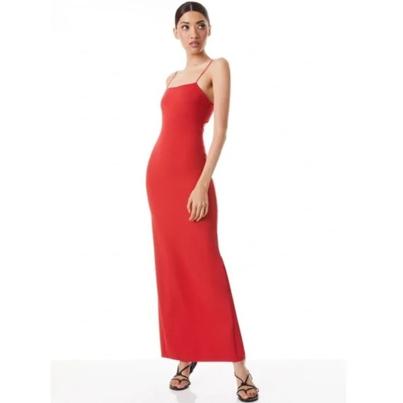 NWT ALICE + OLIVIA Nelle Nylon Cutout Maxi Dress in Bright Poppy 10 Square Neck - Picture 4 of 12